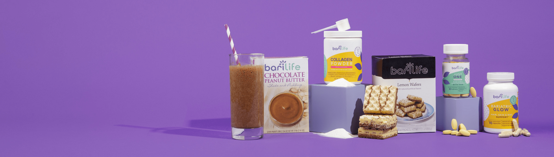 Assorted barlife products including smoothies, snacks, and supplements on a vibrant purple background.